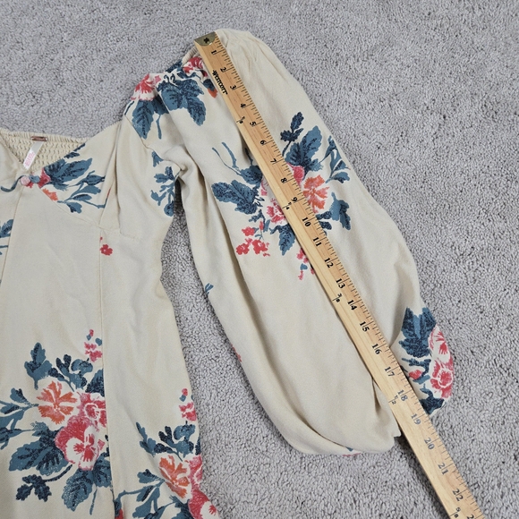 Free People Francesca Mini Dress Babydoll V Neck Puff Sleeves Cream Floral Boho - Picture 4 of 11